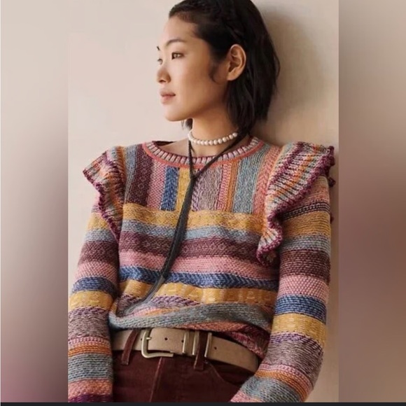 Anthropologie Pilcro Ruffled Shoulder Crewneck Knit Sweater Boho Multicolor M - Picture 1 of 7
